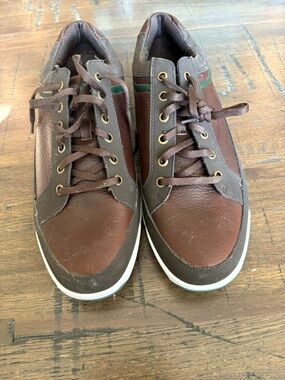 Men's FJ Contour Golf Sneakers. Brown with ivy green accent.